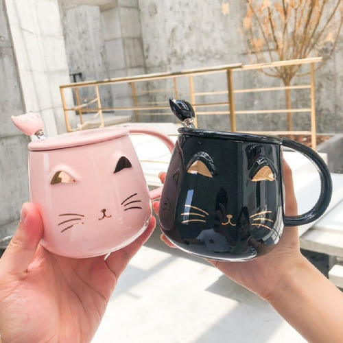 N Caneca De Cerâmica Com Cara De Gato Kawaii, Tampa E Colher
