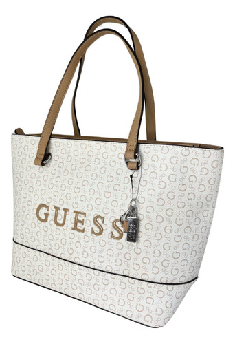 Bolsa Guess Artemis Monogram Tote Para Mujer Blanco Rayas Níquel Caqui