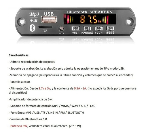 Modulo Reproductor De Bluetooth/mp3 Con Amplificador De 6w