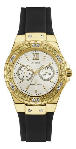 Reloj Guess Gw0519l1 Mujer Acero Inoxidable Malla Negro Bisel Dorado Fondo Blanco