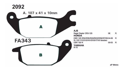 Pastillas Fa343 Freno Yamaha R15 Tras Honda Cbr Ap Motos