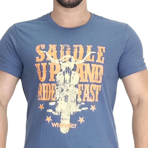 Camiseta Masculina Wrangler Azul Urbano Estampada