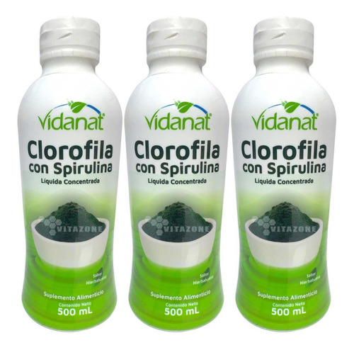 3 Pzs Clorofila Con Spirulina 500 Ml Vidanat