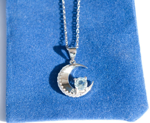 Imagen 6 de 6 de Collar Luna Creciente Topacio Azul Y Circones, Plata 925
