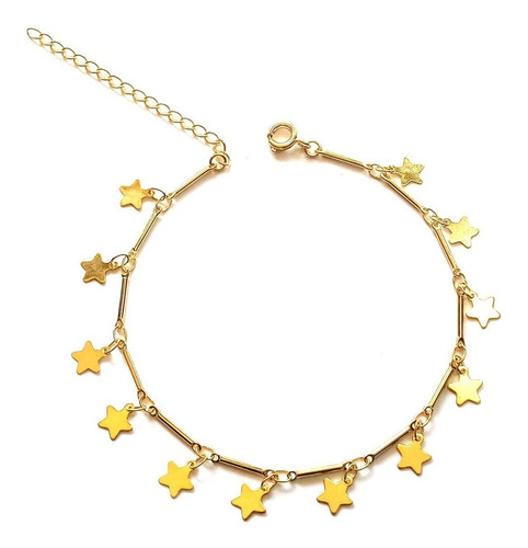 Pulsera Enchapada Oro 18k Eslabones Tubo, Estrellas Colgante