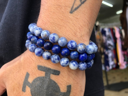 Pulseira Masculina Pedra Azul 8mm 3 X Sodalita Lapis Lazuli Diâmetro 19 Cm