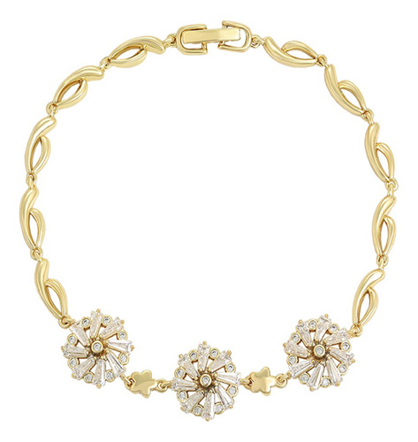 Brazalete Oro 14k Lam Swarovski Blanco Flor 20-22cm Hermoso