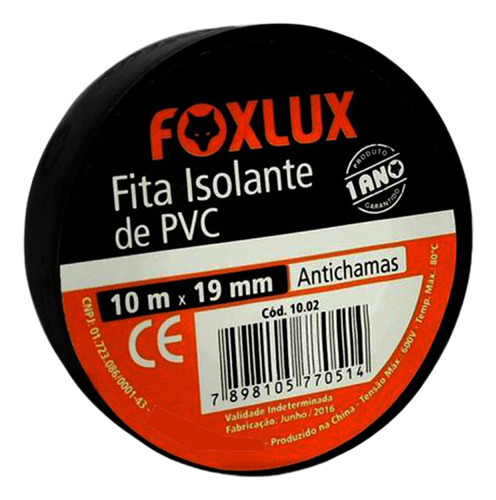 Kit 10 Fita Isolante Antichamas Preta 19mm X 10m - Foxlux Cor Preto Liso