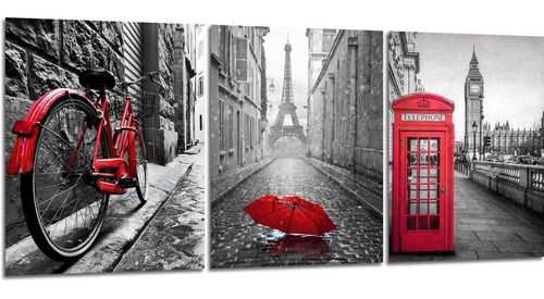 Cuadro Triptico Paris Londres Amsterdam Grises Rojo 90x40cm