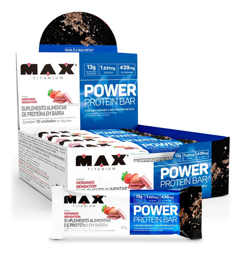 Power Protein Bar 41g Display Com 12 Unid Max Titanium Sabor Morango sensation
