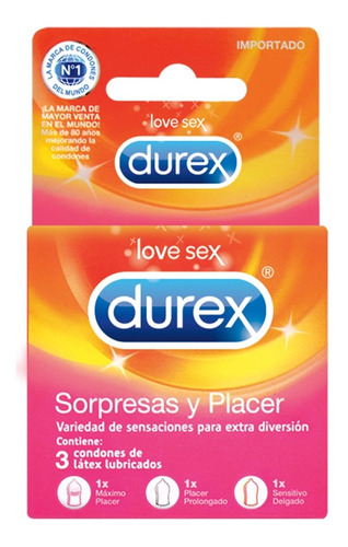 Durex Sorpresas Y Placer Caja 3 Condones Preservativos