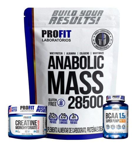 Combo Hipercalórico Mass 28500 3kg + Bcaa 60caps + Crea 90g