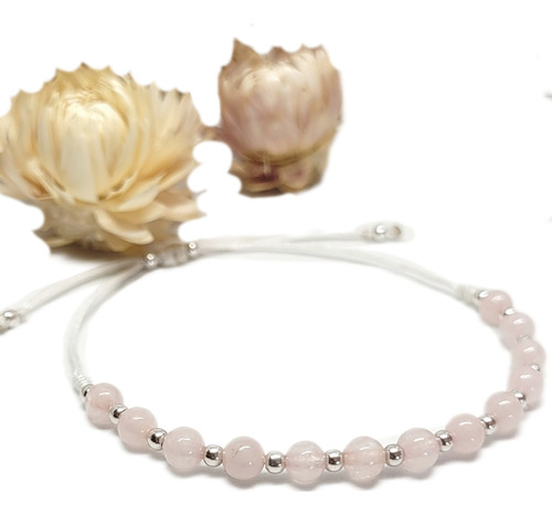 Pulsera De Hilo, Cuarzo Rosa Y Cuentas De Plata. 