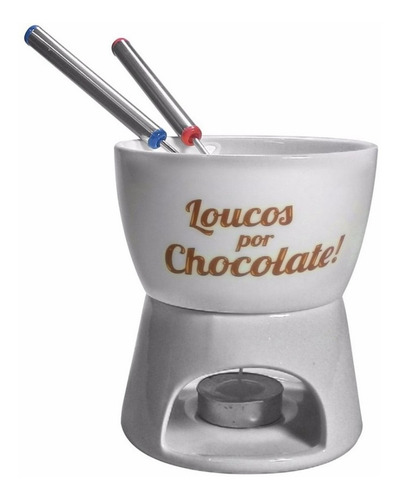 Aparelho Fondue De Porcelana Branco C/ 2 Garfos Vela 350 Ml