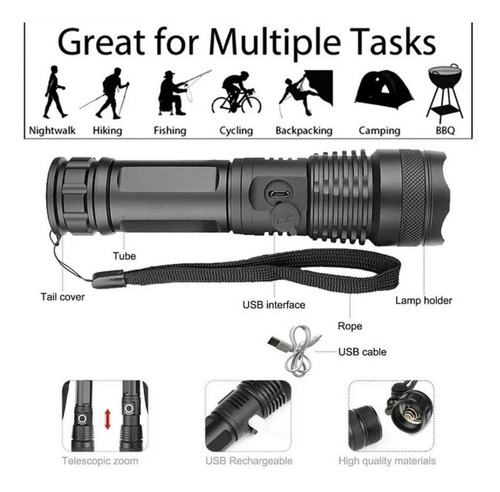 Linterna Tactica Led P50 Recargable Usb Zoom