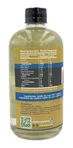 Imagen 2 de 3 de Aceite Mct De Coco Orgánico Keto Enature 500 Ml