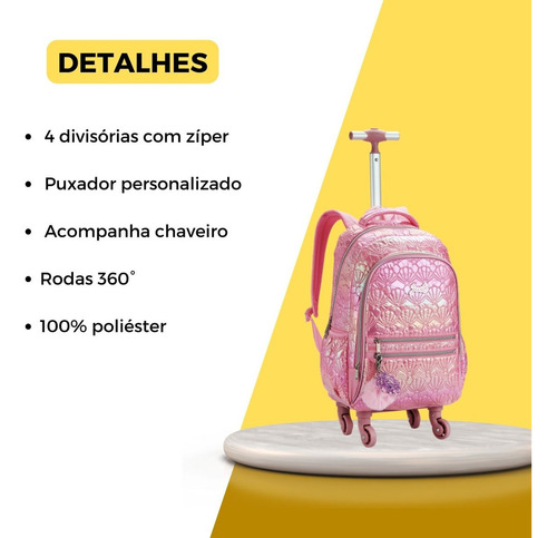 Mochila Rodinha 360° Conchas Metalizada Juvenil Meninas Cor Rosa