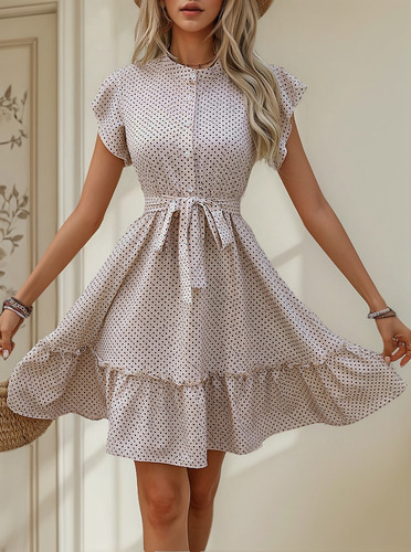 Vestido Con Cinturón Y Dobladillo Holgado Con Volantes Y Man
