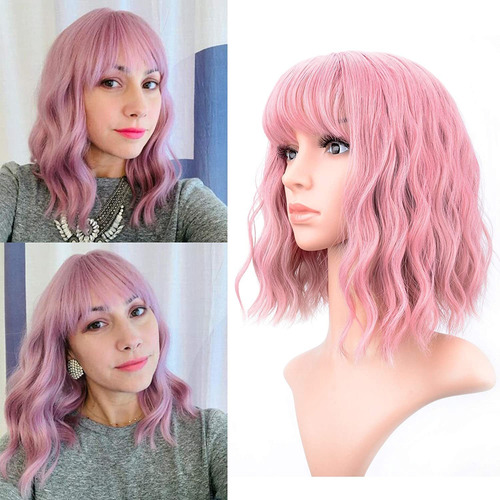 Peruca Ondulada Com Air Bangs, Peruca Feminina Bob Pink Blue