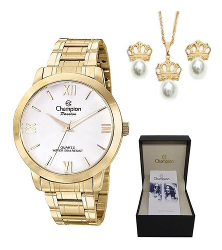 Relógio Champion Dourado Feminino Original + Colar Brinco