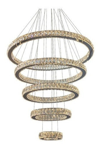Lustre De Cristal Led Aliança 5 Anéis Pé Direito Alto Duplo
