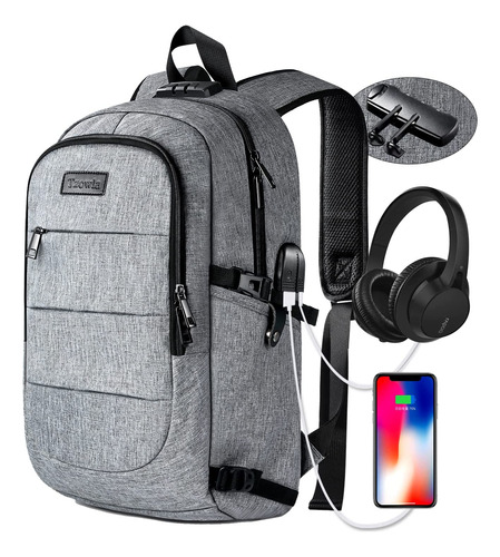 Mochila Impermeable Con Puertos Usb Tzowla 15.6 Gris