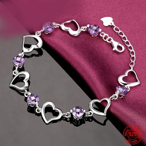 Pulsera Plata 925 Cristales Corazón Fino Regalo Joya Charm