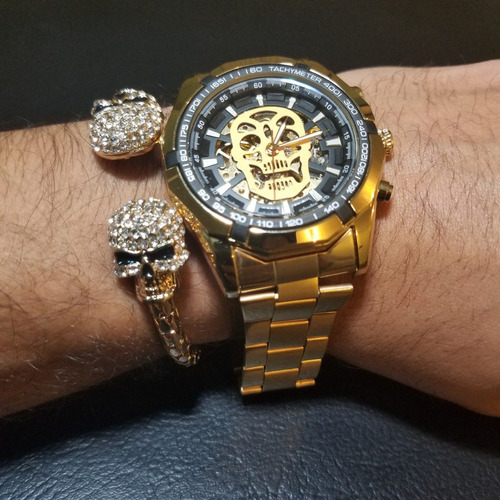 Reloj Mecanico Skull Calavera Dorado Skeleton + Pulsera Doub