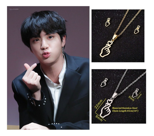 Collar + Aretes Bts Kpop Finger Heart Corazón Dedo Acero 