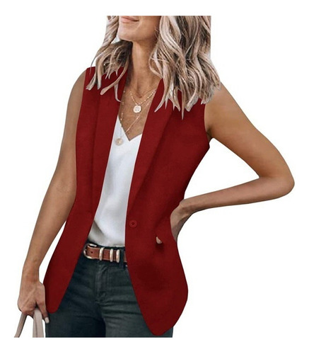 Chaqueta Blazer Sin Mangas De Color Liso Para Mujer