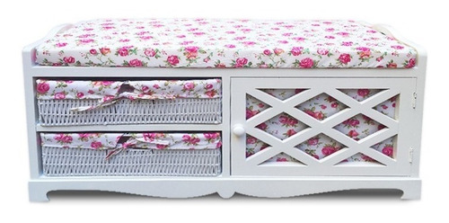 Mueble Banqueta Blanca Con Tela Floreada Línea Madera Ratán