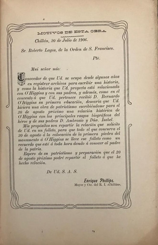 Glorificación Bernardo O'higgins Chillan 1906 Raro