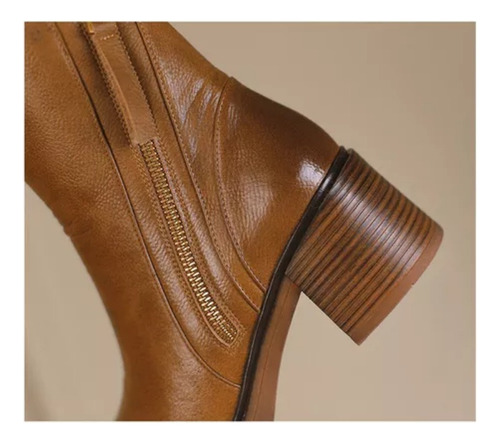 Botas Curtas Marrons Botas Couro Britânicas Com Salto Grosso