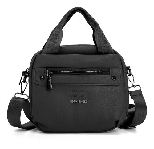 Cartera Bandolera Cuero Ecologico Con Tira Larga Ona Saez Negro Negro Plata Negro