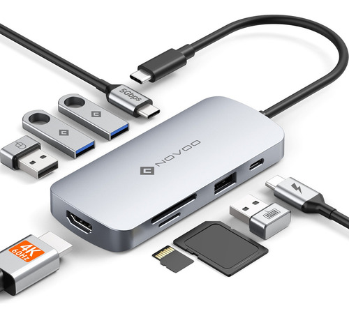 Novoo Hub 9 En 1 Adaptador Usb Tipo C A Hdmi 4k Con 3 Puertos Usb 3.0 Y Pd 100w Para Macbook Pro/air,iPad,portátil Color Plateado