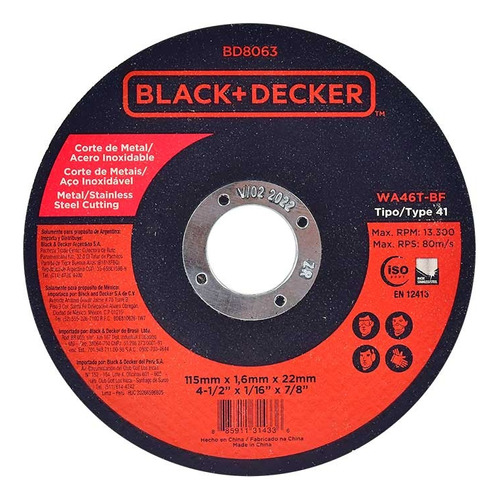 Disco Corte Metal Black Decker 4 1/2 115 X 1.6 Caja 25 Unid Color Negro
