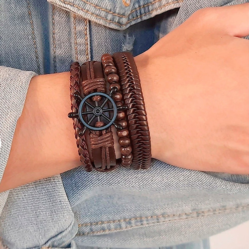Pulsera 4 En 1 De Cuero Tejido Vintage Timón Unisex Estilo Color Café Diámetro 15 cm