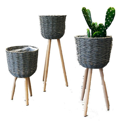 Set X3 Portamacetas De Rattan Gris Patas Madera