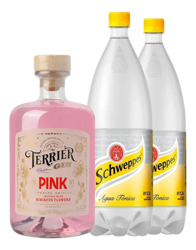 Gin Terrier Pink 700ml + 2 Agua Tonica Schweppes 1.5