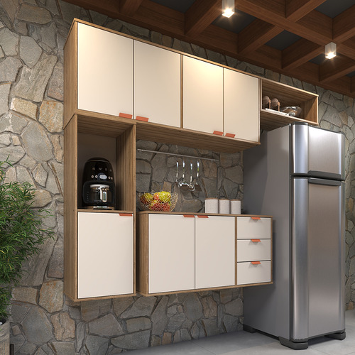 Armário De Cozinha Suspenso Compacto Com 7 Portas E 3 Gavetas, Design Moderno E Funcional Em Off White E Madeirado Estilo Nórdico, Ideal Para Otimizar Espaços -modelo Romeu