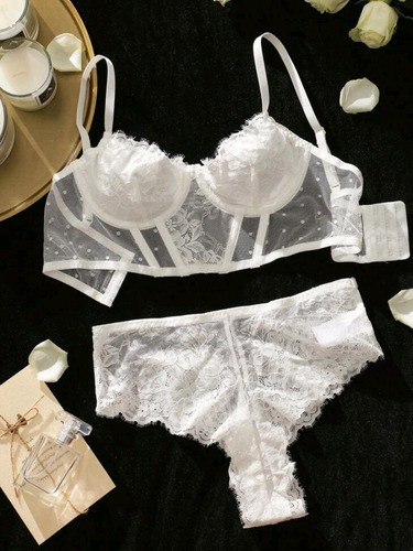 Set De Lencería Encaje Cachetero Blanco Encaje Extra Grande