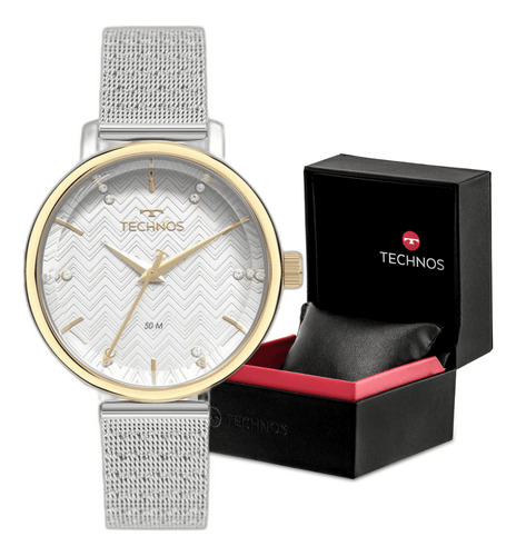 Relógio Technos Feminino Style Prata Dourado Pedras Fashion