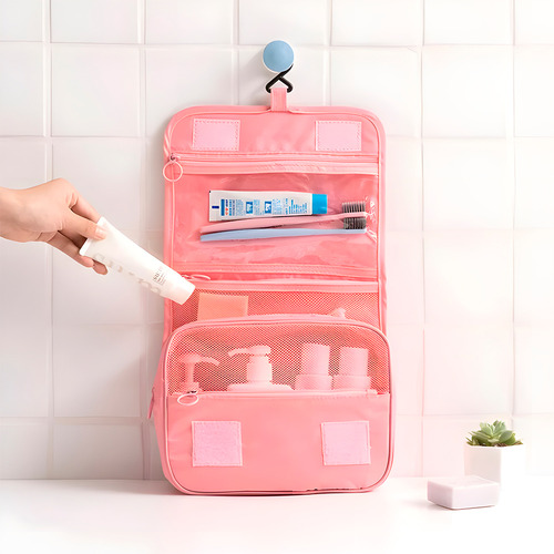 Bolsa Mochila Aseo Cosmetiquera Plegable Viaje Impermeable Color Rosa