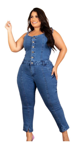 Jardineira Feminina Longa Jeans Plus Tamanho Grande Verão