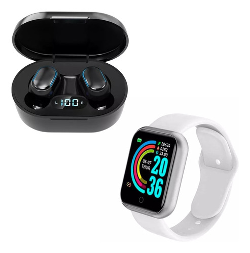 Combo Smartwatch D20 Y68 + Auricular Inalambrico E7s Negro