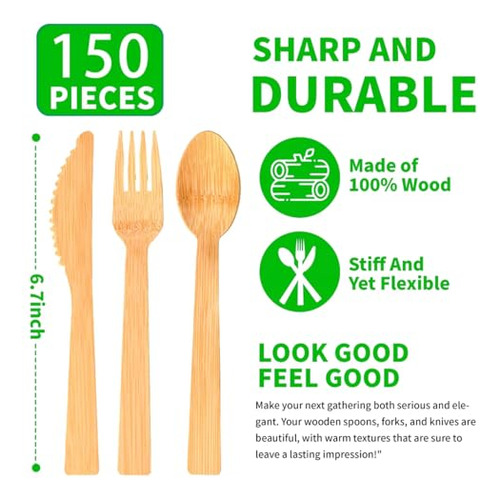 Cubiertos Desechables De Bambú Biodegradable 150 Piezas