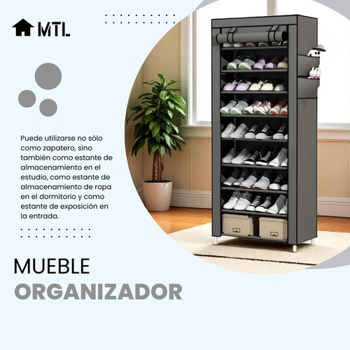 Zapatero Organizador Mtl Portatil Plegable 9 Estantes Color Gris Multiuso
