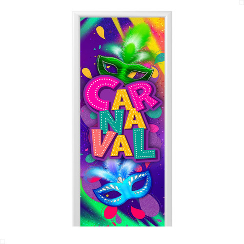 Decoração Para Porta Festa Tecido Com Elástico 0,85x2,10m Cor Carnaval Máscaras - Anv-2918