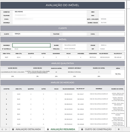 Planilha Excel - Avaliação De Imóveis (entrega Imediata)