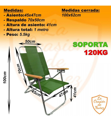 Imagen 2 de 5 de Reposera Sillon 5 Posiciones Apoyabrazo Madera Playa Camping
